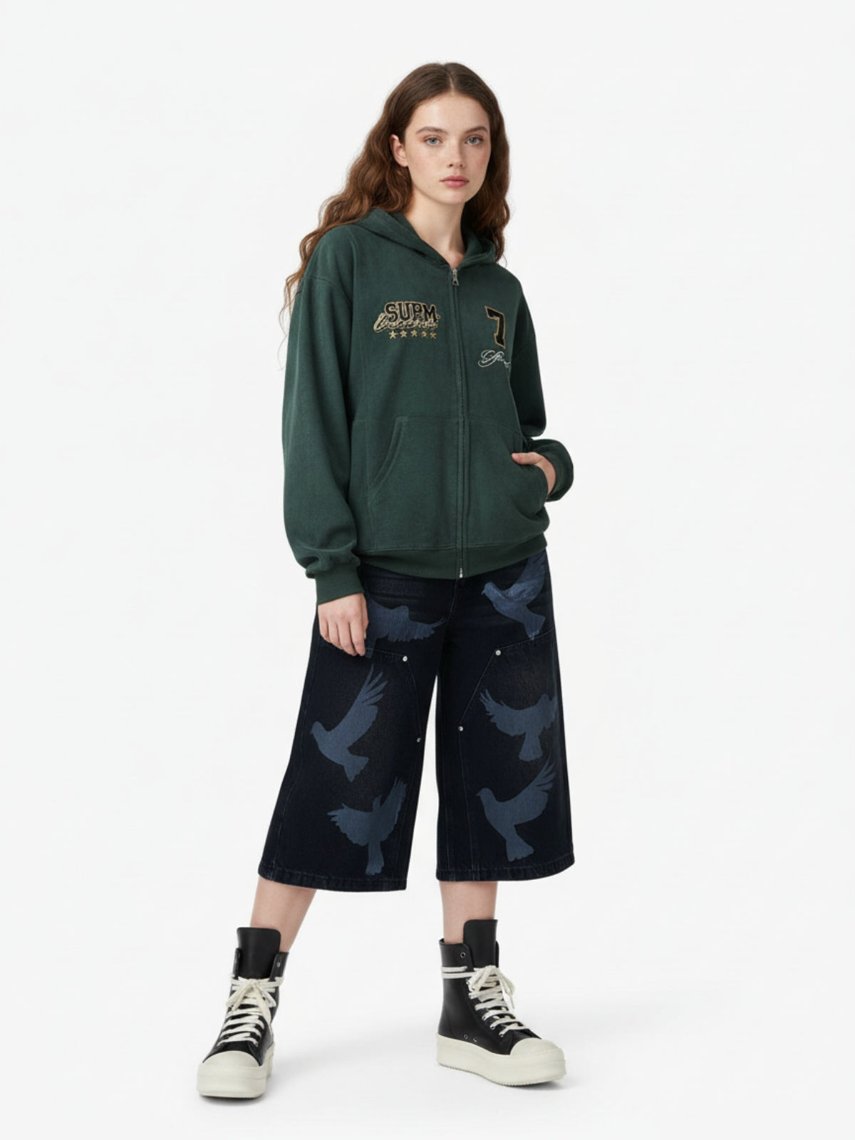 Suede Letter Embroidered Cropped Zip-Up Sweatshirt