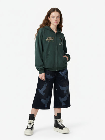 Suede Letter Embroidered Cropped Zip-Up Sweatshirt