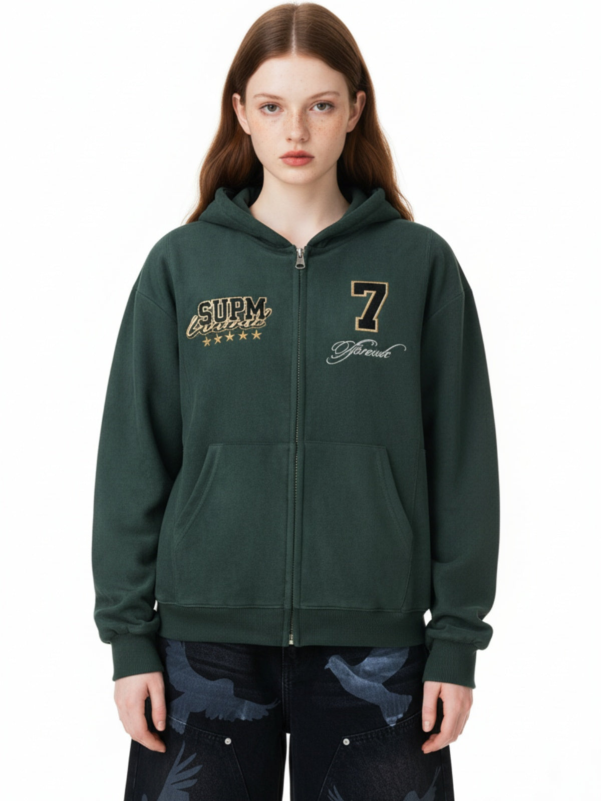 Suede Letter Embroidered Cropped Zip-Up Sweatshirt