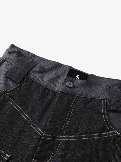 Denim Wide-Leg Pants with Flame Stitch Design High-Waisted Relaxed Fit 