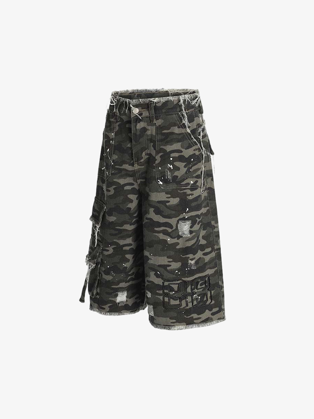 Denim Camouflage Cargo Shorts with Ripped Details and Patch Pockets?