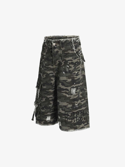 Denim Camouflage Cargo Shorts with Ripped Details and Patch Pockets?