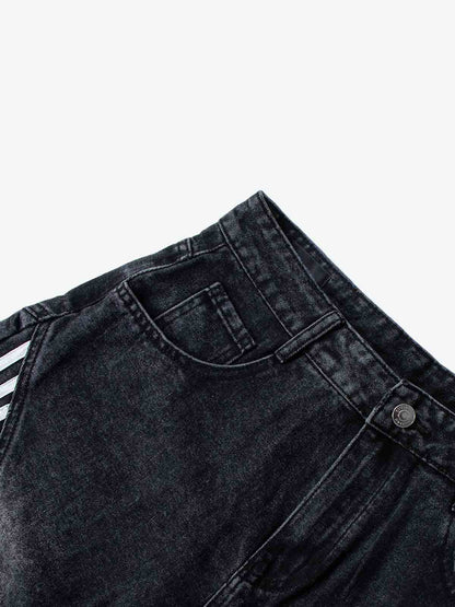 Denim Wide Leg Cropped Pants with White Stripe Design High Waist Fashion Trousers for Women 