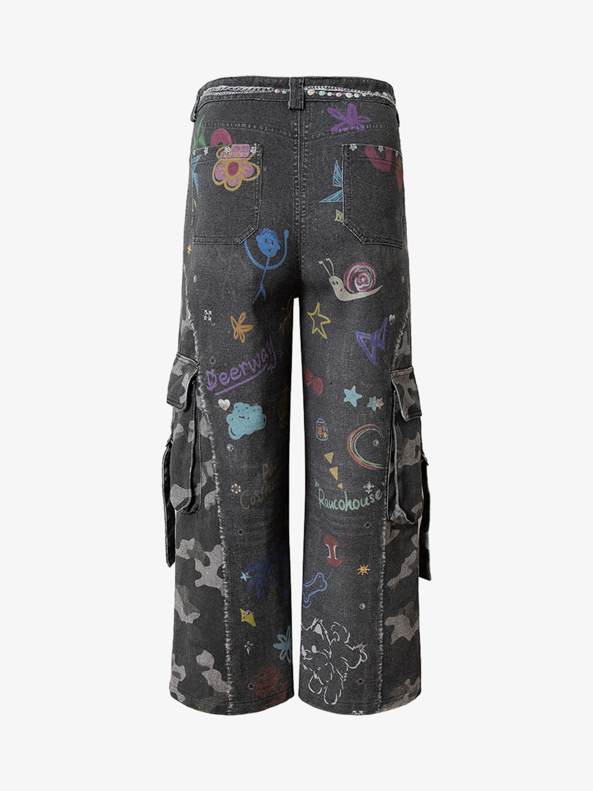 Thesupermade Graffiti Print Cold Transfer Camouflage Layered Cargo Jeans 