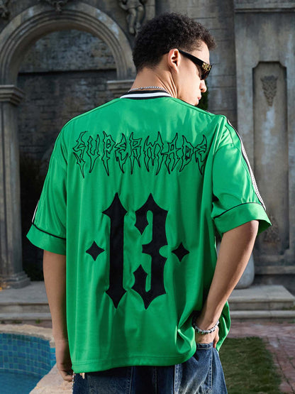 Supermade Color-Blocked V-Neck Embroidered Jersey Short-Sleeved?