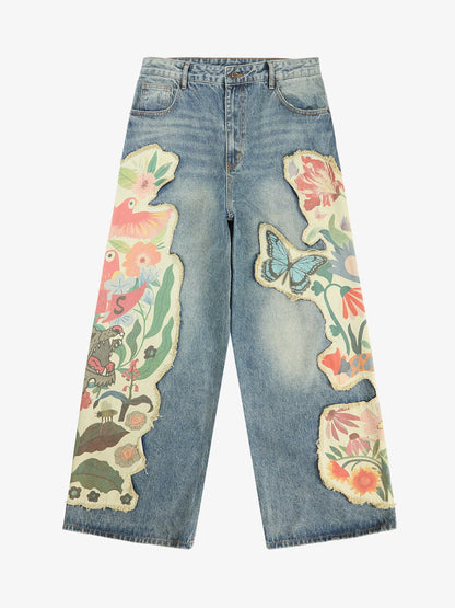 Vintage Floral Patchwork Baggy Jeans 