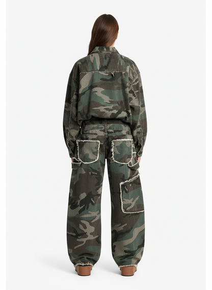 Retro Double Waist Camouflage Barrel Jeans