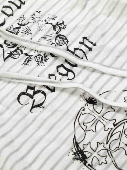 Graphic Print and V-Neck Striped Long Sleeve Hooded T-Shirt