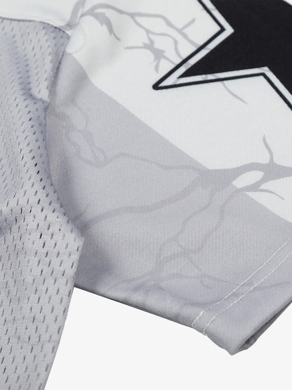 Mesh V-Neck SuperMade Graphic T-Shirt with Star Print and Transparent Overlay 