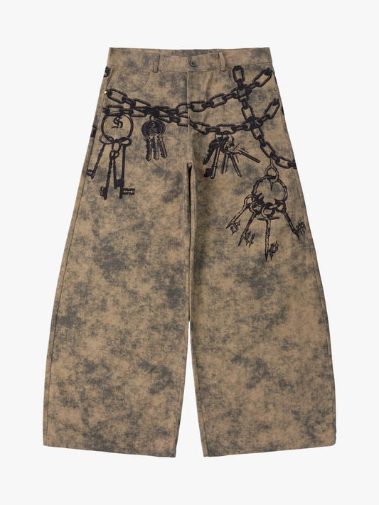 Supermade Distressed Chain And Key Print Baggy Pants?