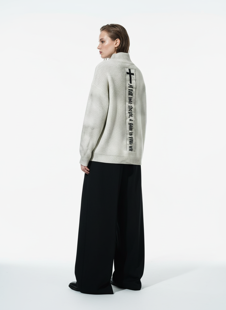 Ribbed Knit Dirty Dyed Embroidery Cross Sweater - 2465