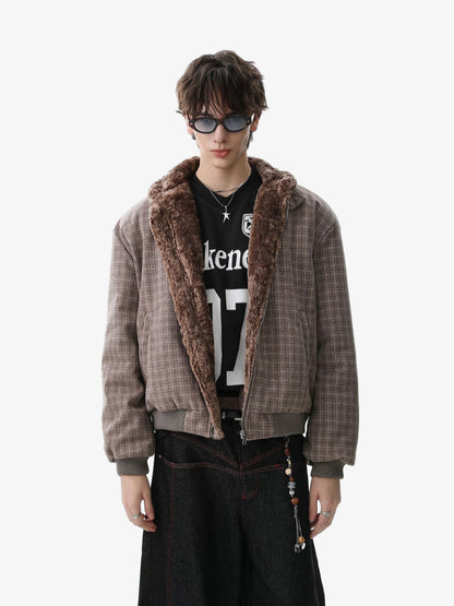 Plaid Bomber Jacket with Faux Fur Collar - Perfect for Casual Winter Wear 