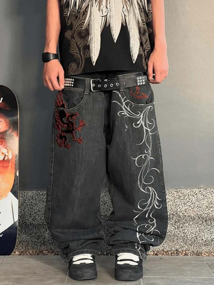 Denim Embroidered Dragon Pants with Rhinestone Belt - Gothic Streetwear Style 