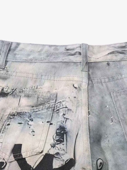 Abstract 3D Digital Print Wide-Leg Jeans