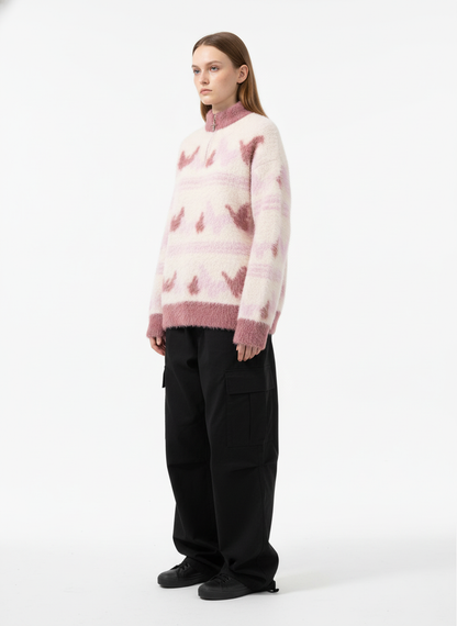 Contrast Stripe Butterfly Jacquard Half-zip Sweater