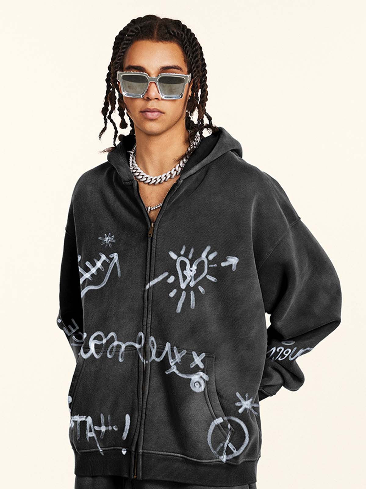 Street Graffiti Spray Print Zip Up Hoodie 
