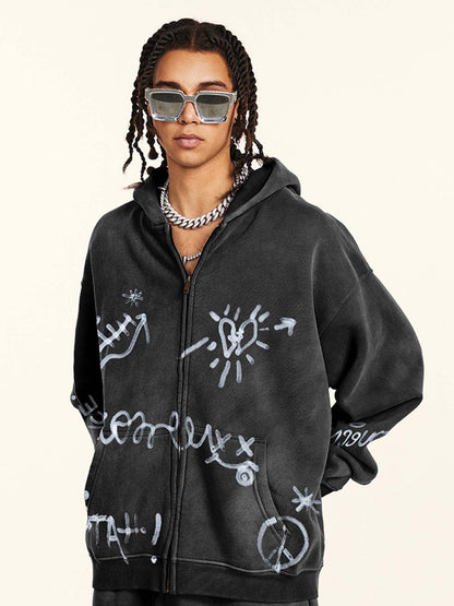 Street Graffiti Spray Print Zip Up Hoodie 