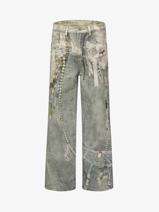 Retro Artistic Beaded Collage Print Straight Jeans