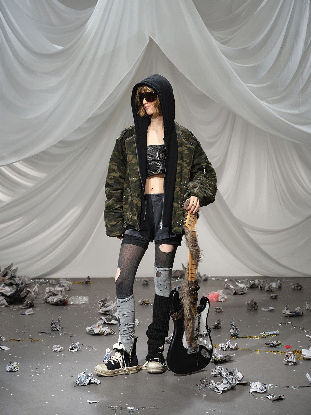 Camouflage Hooded Jacket with Distressed Details and Toggle Closure 