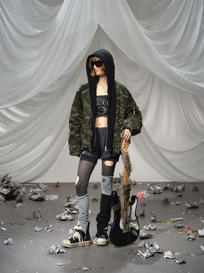 Camouflage Hooded Jacket with Distressed Details and Toggle Closure 