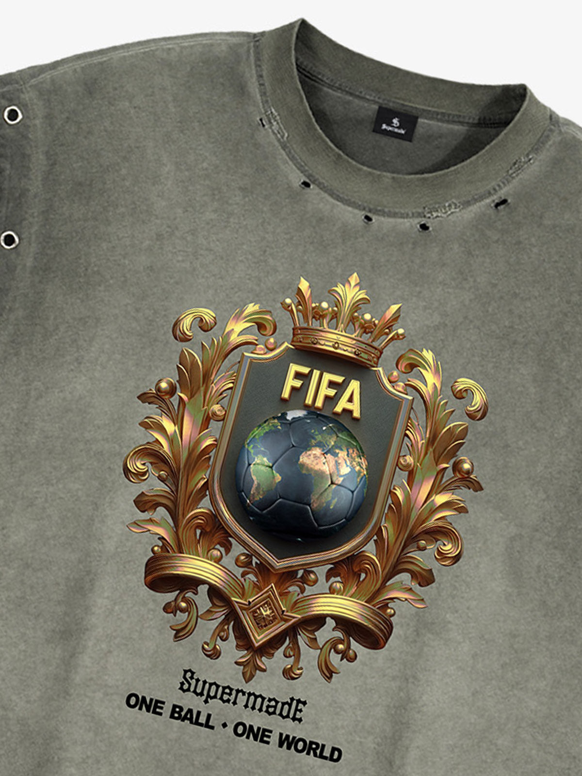 A distressed, street-style loose sleeveless vest adorned with FIFA gold-toned emblems and global prints, cut and washed 