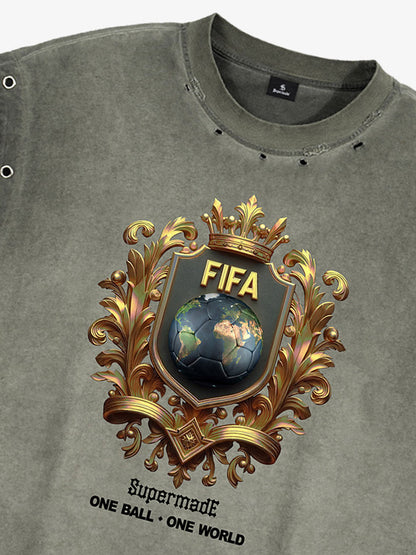 A distressed, street-style loose sleeveless vest adorned with FIFA gold-toned emblems and global prints, cut and washed 