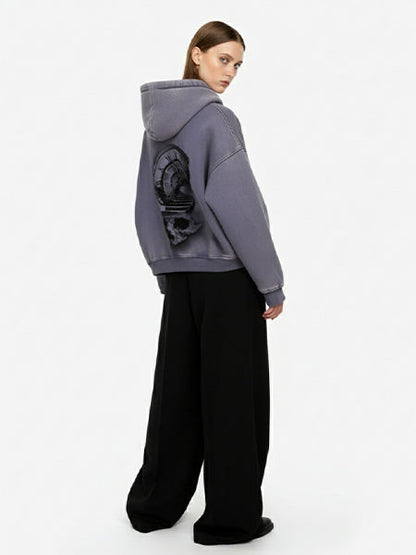 Thesupermade Washed Batik Distressed Double Zipper Cardigan Hooded Sweatshirt Sketch Skull Clock 