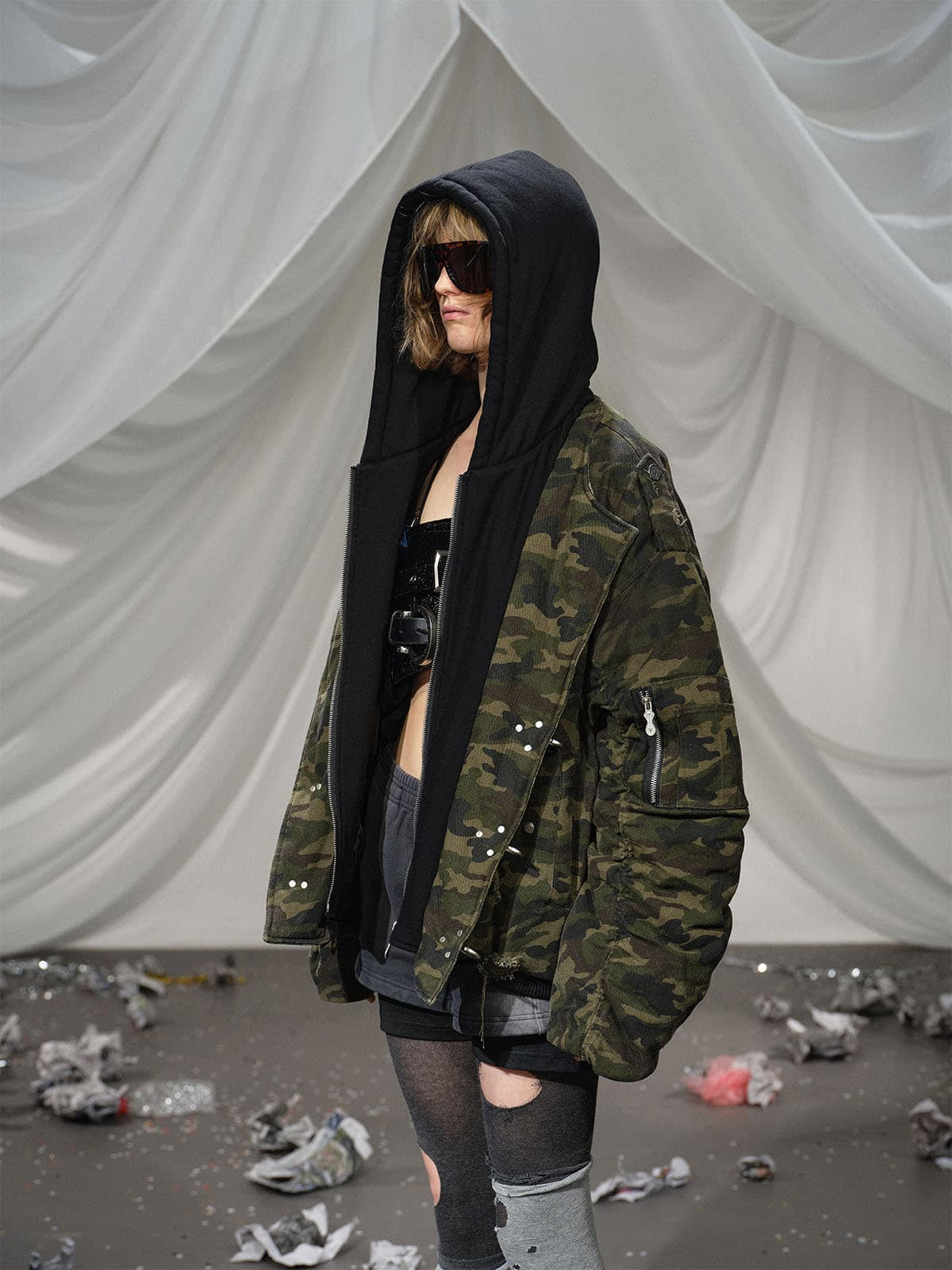 Camouflage Hooded Jacket with Distressed Details and Toggle Closure 
