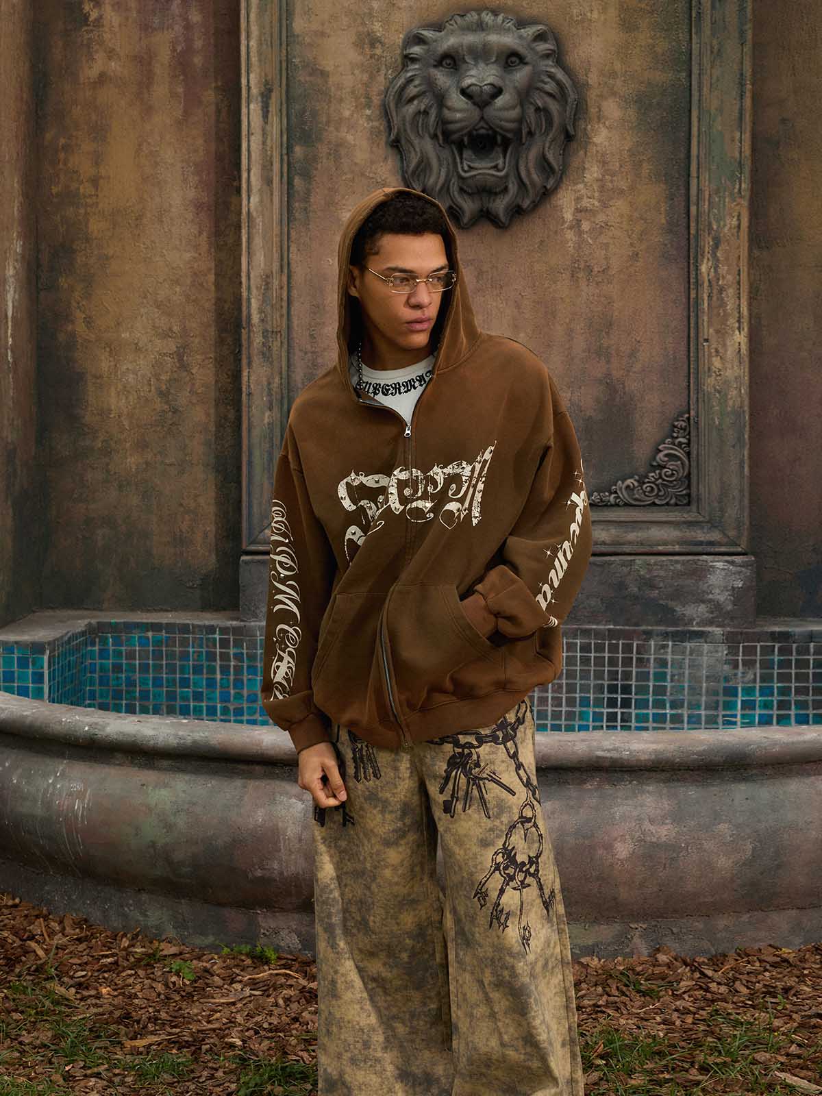 Supermade Vintage Distressed Studded Gothic Font Zipper Sweatshirt?