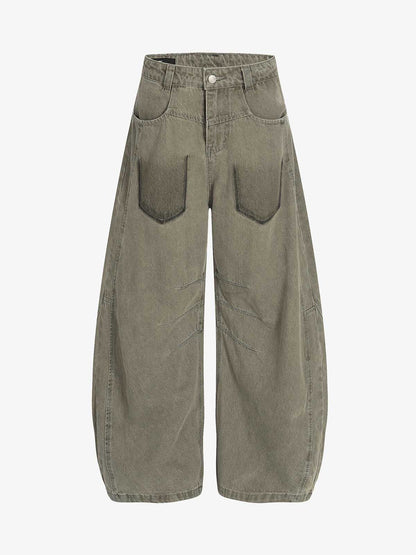 Olive Green Wide-Leg Cargo Pants with Oversized Pockets 