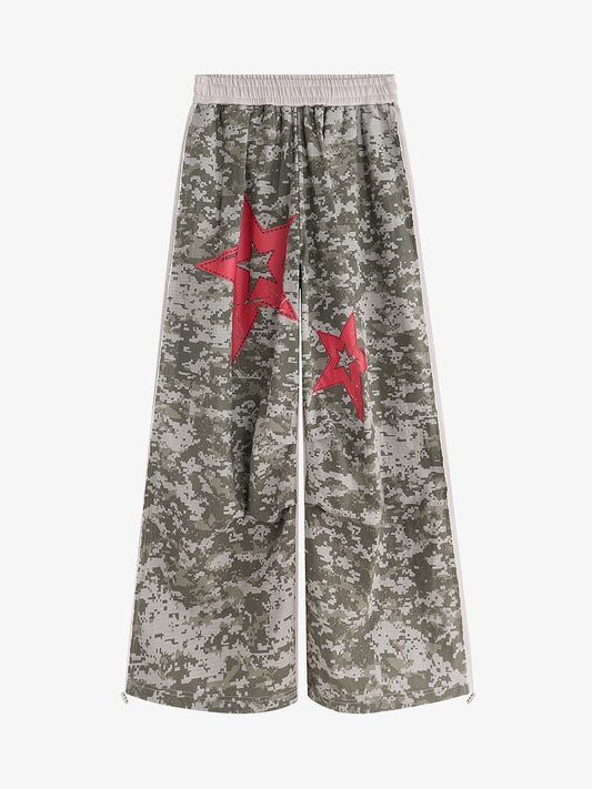 Retro Camouflage Star Patch Colorblock Casual Pants 