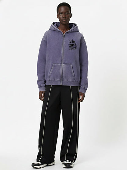 Thesupermade Washed Batik Distressed Double Zipper Cardigan Hooded Sweatshirt Hand-painted Skull Clock 