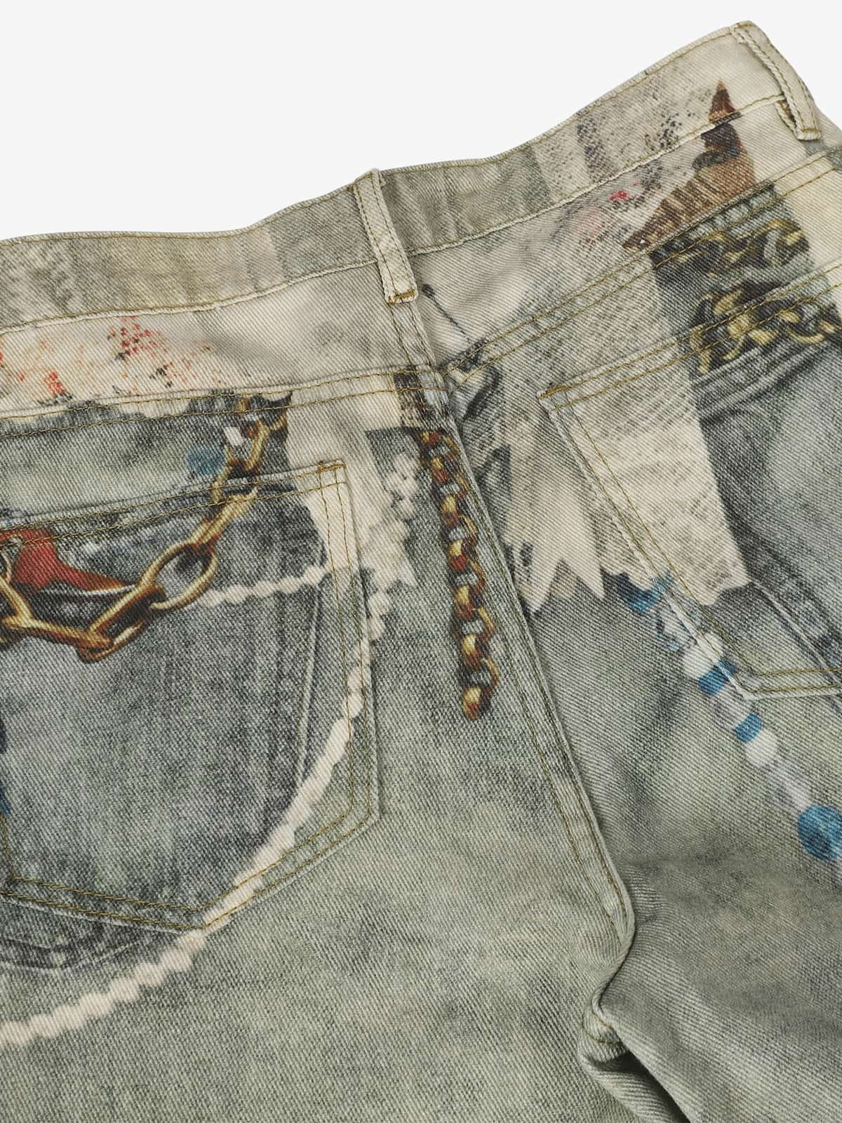 Retro Artistic Beaded Collage Print Straight Jeans