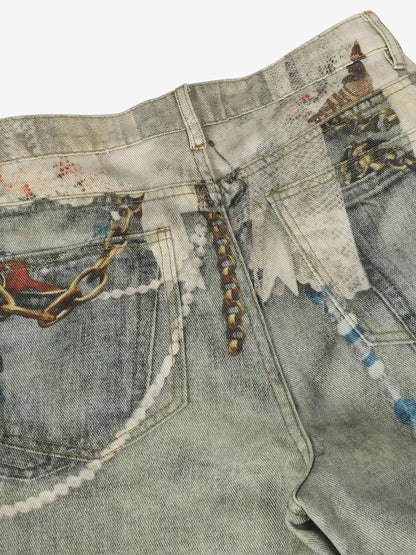 Retro Artistic Beaded Collage Print Straight Jeans
