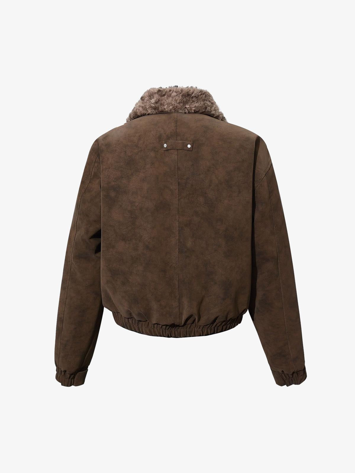 Retro Suede Texture Shearling Collar Fleece Bomber Jacket 