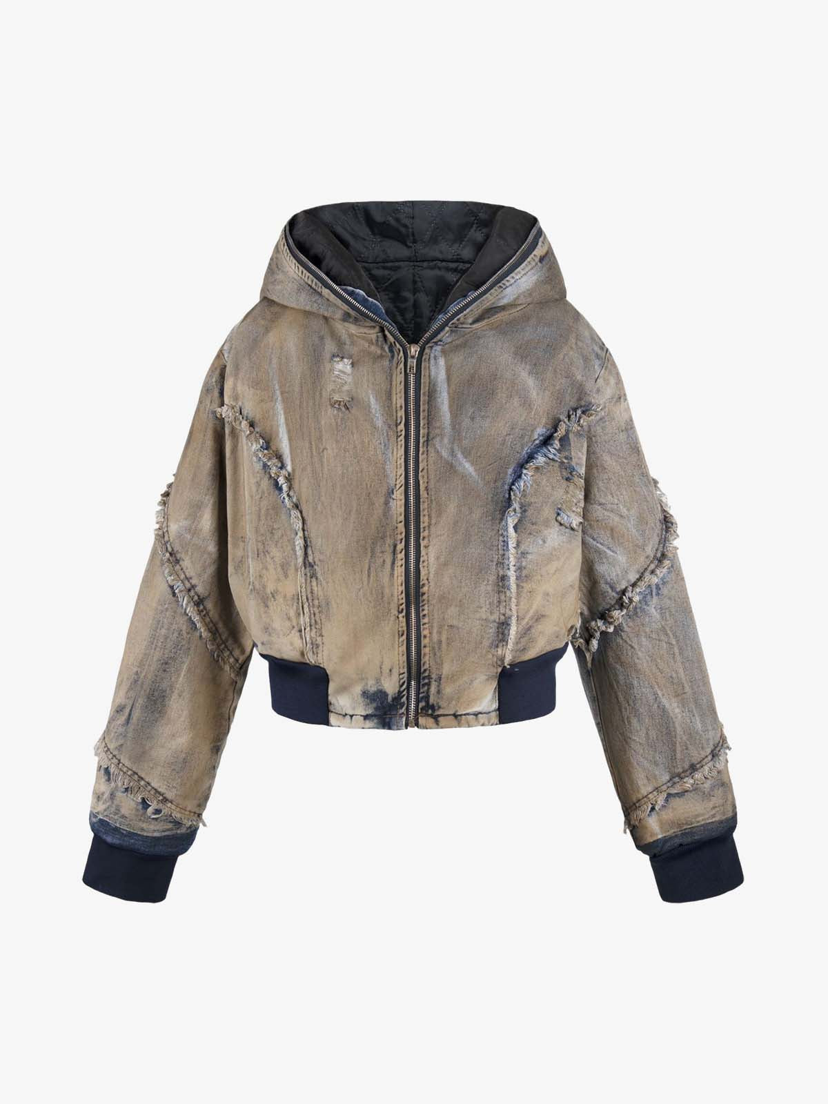 Distressed Mud-Dyed Frayed Edge Denim Bomber Jacket 