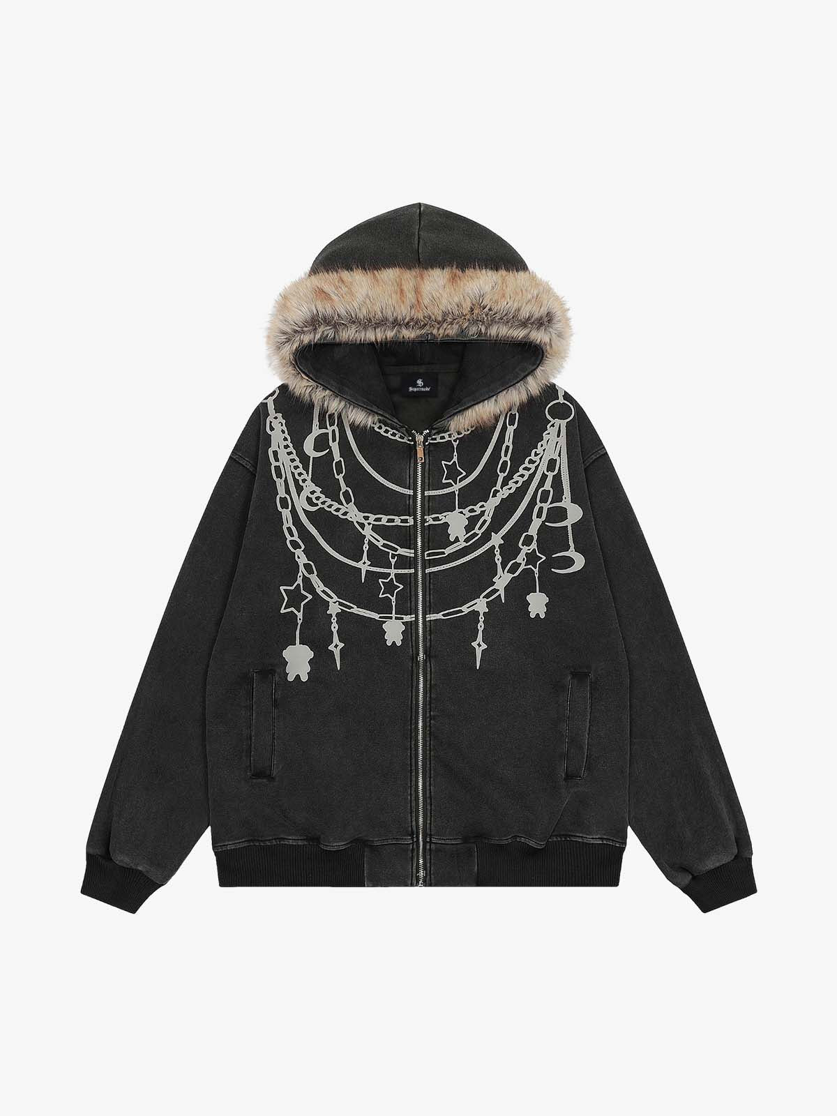 Stylish Chain-Printed Hoodie with Faux Fur Trim for Winter Fashion 