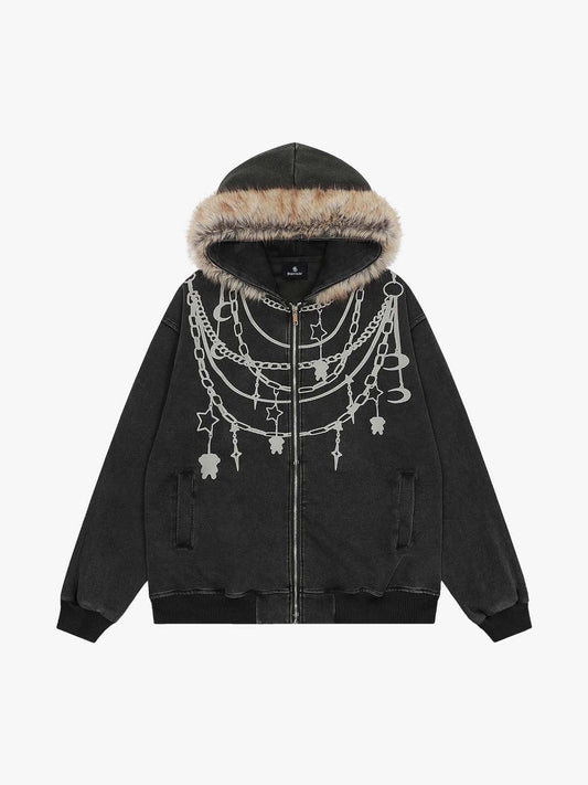 Stylish Chain-Printed Hoodie with Faux Fur Trim for Winter Fashion 