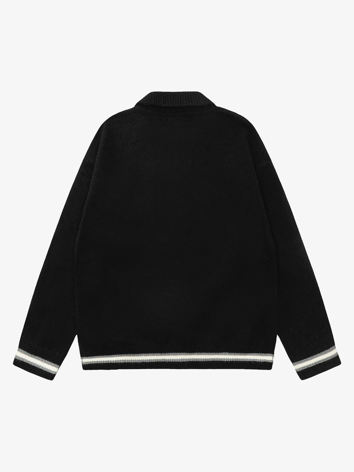 Retro Striped Contrast Panel Button-Up Collar Sweater 