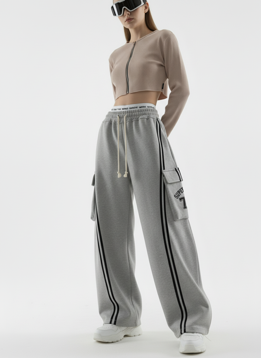 Cotton Web Stitching Letter Print Drawstring Barrel Pants