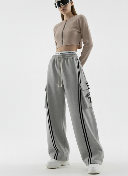 Cotton Web Stitching Letter Print Drawstring Barrel Pants