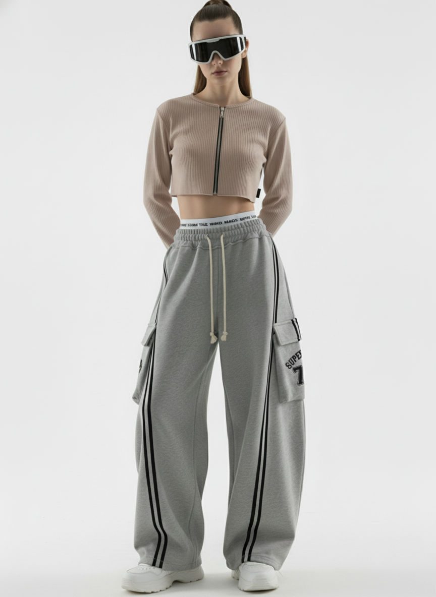 Cotton Web Stitching Letter Print Drawstring Barrel Pants