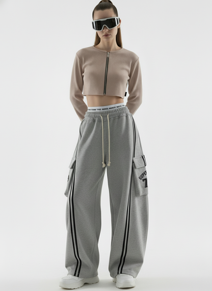 Cotton Web Stitching Letter Print Drawstring Barrel Pants