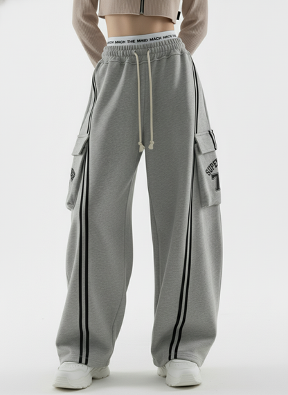 Cotton Web Stitching Letter Print Drawstring Barrel Pants