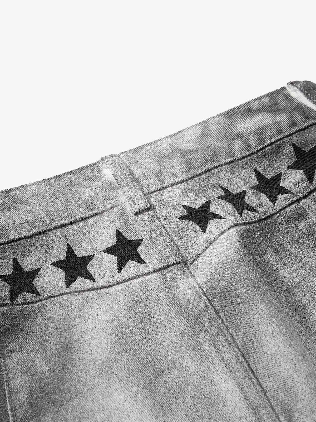 Cotton Wide Leg Pants with Graphic Print and Star Trim - Oversized Streetwear Trousers for Men?