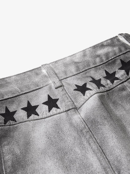 Cotton Wide Leg Pants with Graphic Print and Star Trim - Oversized Streetwear Trousers for Men?