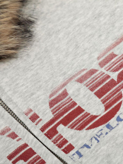 Thesupermade American Retro Gradient Letter Print Splicing Cardigan Fur Collar Coat