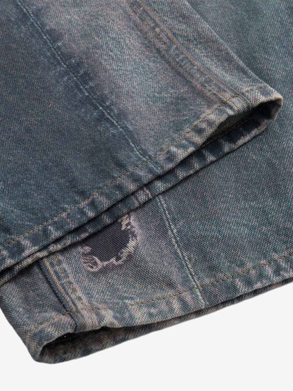 Retro High street Washed 3D Chain Printed Jeans 