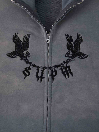 Supermade Gradient Eagle Embroidery Distressed Stand Collar Sweatshirt Jacket?