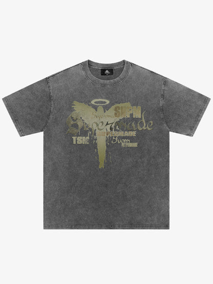 THE SUPERMADE Distressed Graphic Print Oversized T-Shirt with Bold Typography Design 